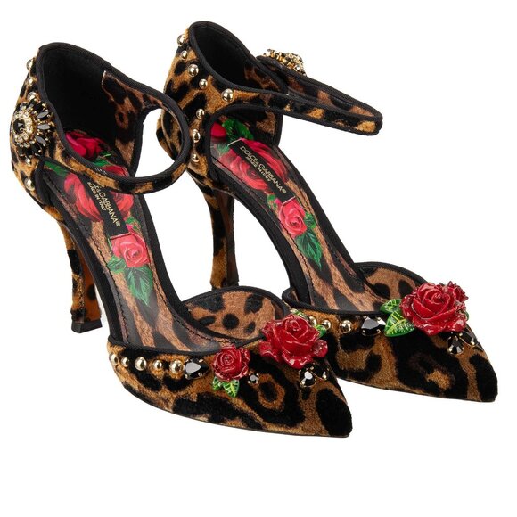 Dolce Gabbana Leopard Rose Crystal Studs Velvet Pumps LORI